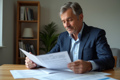 Homme d'affaires français en costume bleu examinant des documents