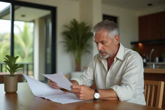 Homme français en linen examinant documents immobiliers