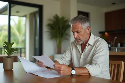 Homme français en linen examinant documents immobiliers