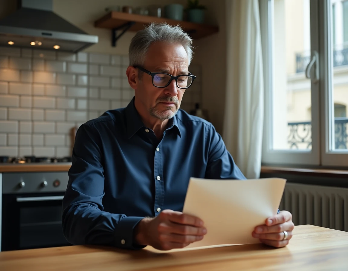 Homme lisant attentivement une lettre recommandée administrative à une table de cuisine parisienne