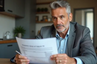 Homme d'âge moyen regardant des documents d'impots à la maison