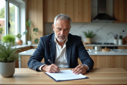 Homme d'âge moyen examinant des documents immobiliers dans une cuisine moderne