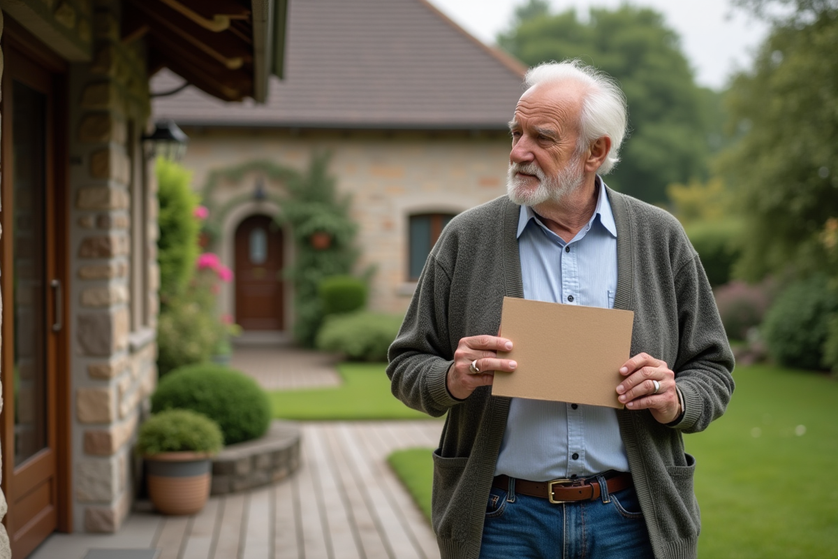 Homme âgé tenant une pancarte à vendre devant une maison de campagne
