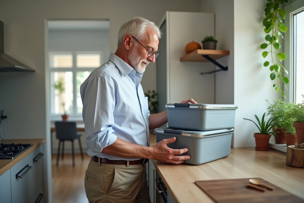 Homme arrangeant des boîtes de rangement dans une cuisine moderne