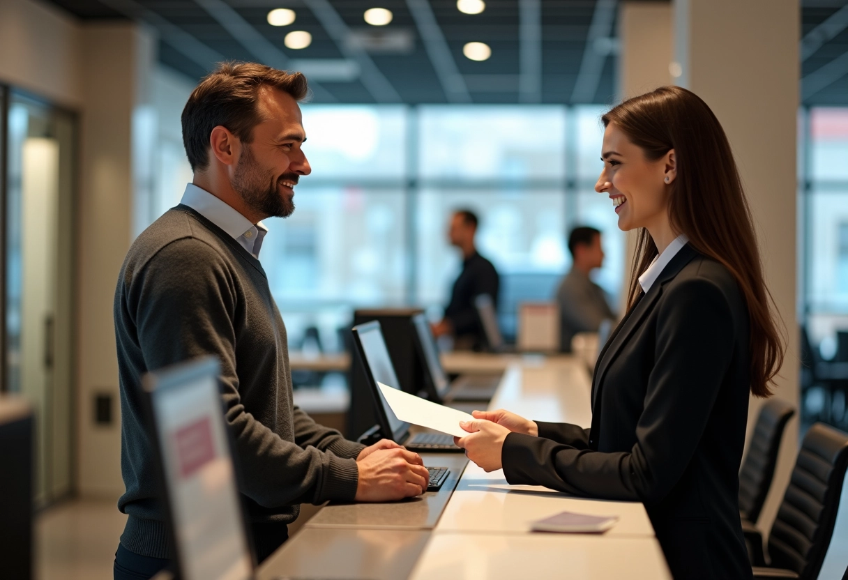 Homme remet un enveloppe à un conseiller bancaire