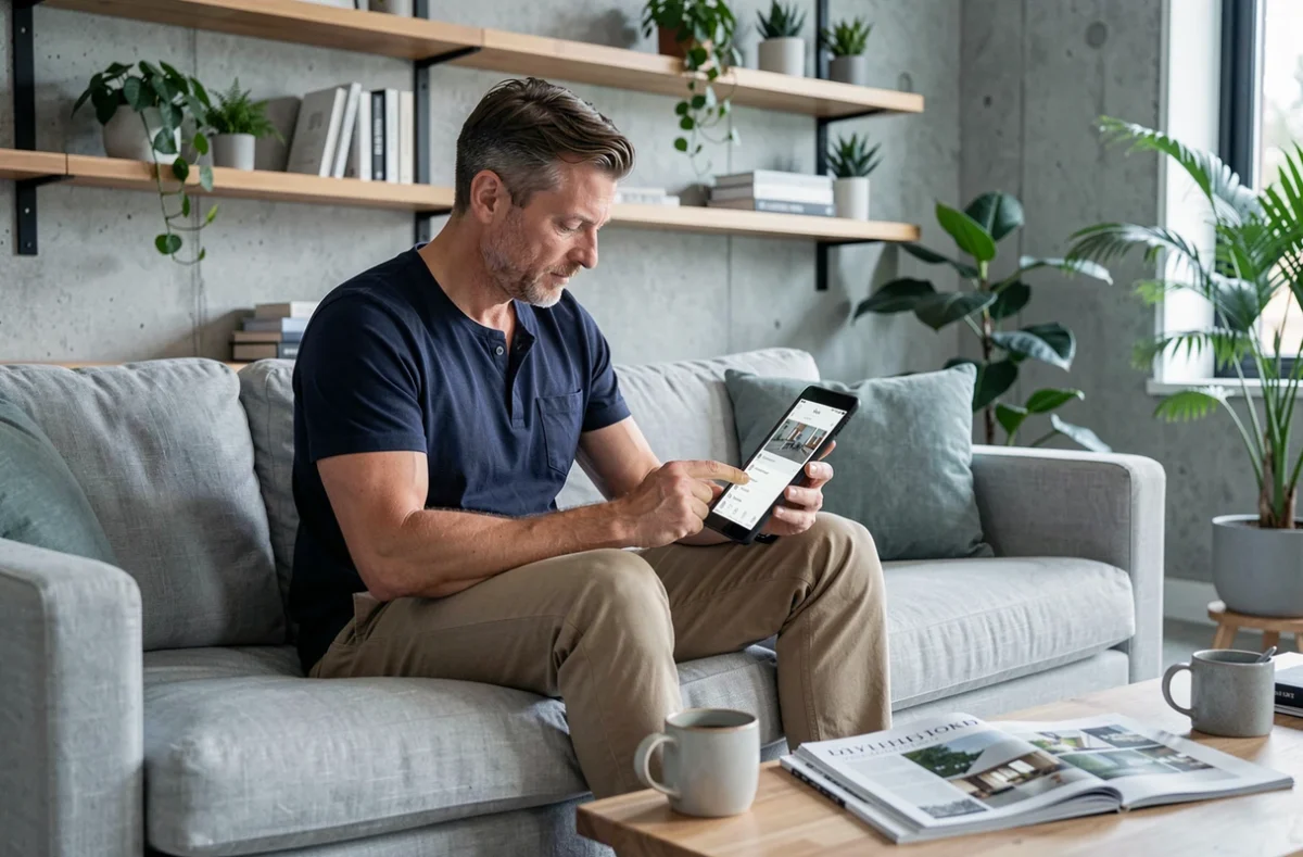 Homme consultant une application de gestion et de raffinement de l'habitat sur tablette dans un salon contemporain