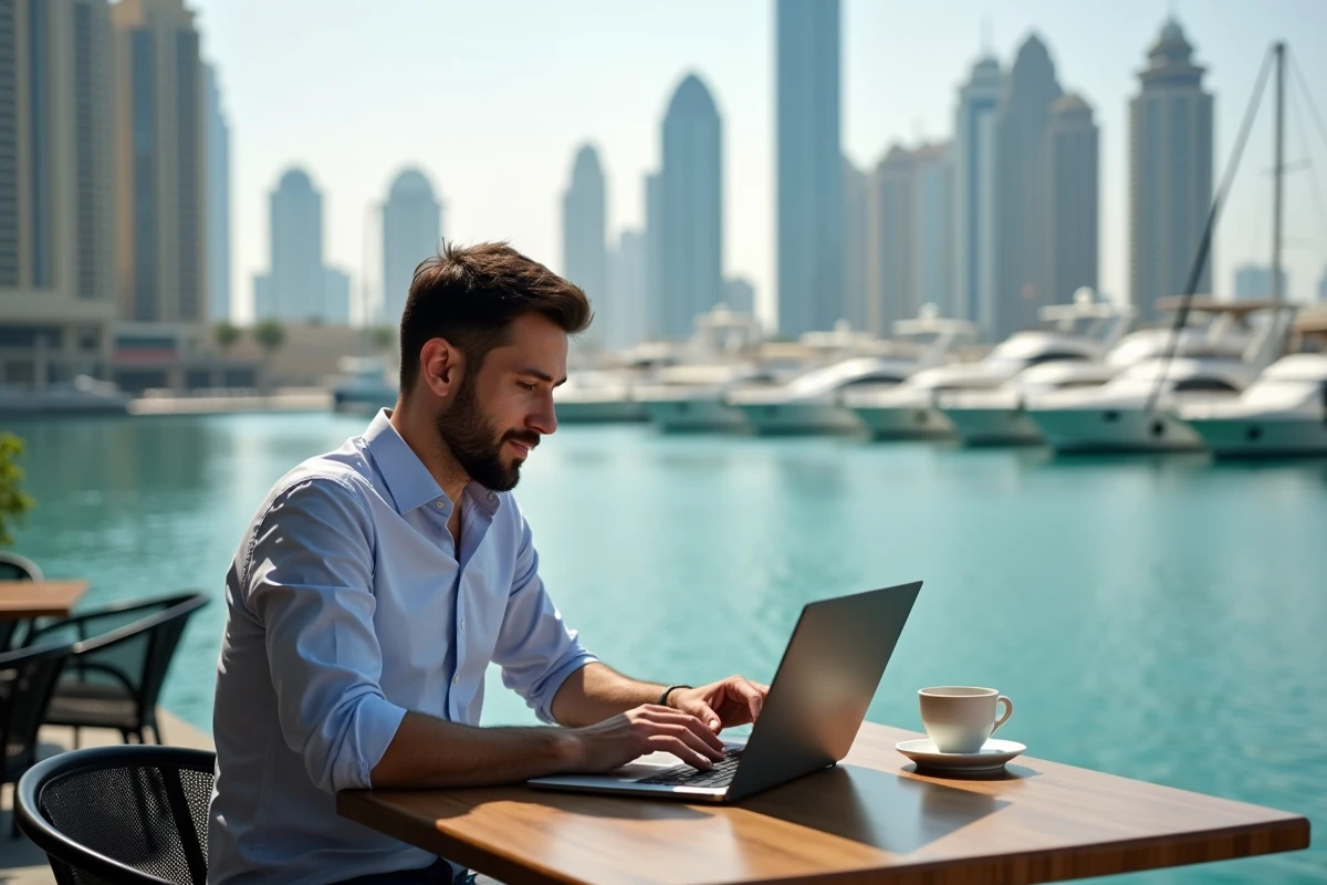 Homme travaillant en terrasse dans un café au bord de la marina de Dubaï lors de sa recherche de quartier pour s'installer