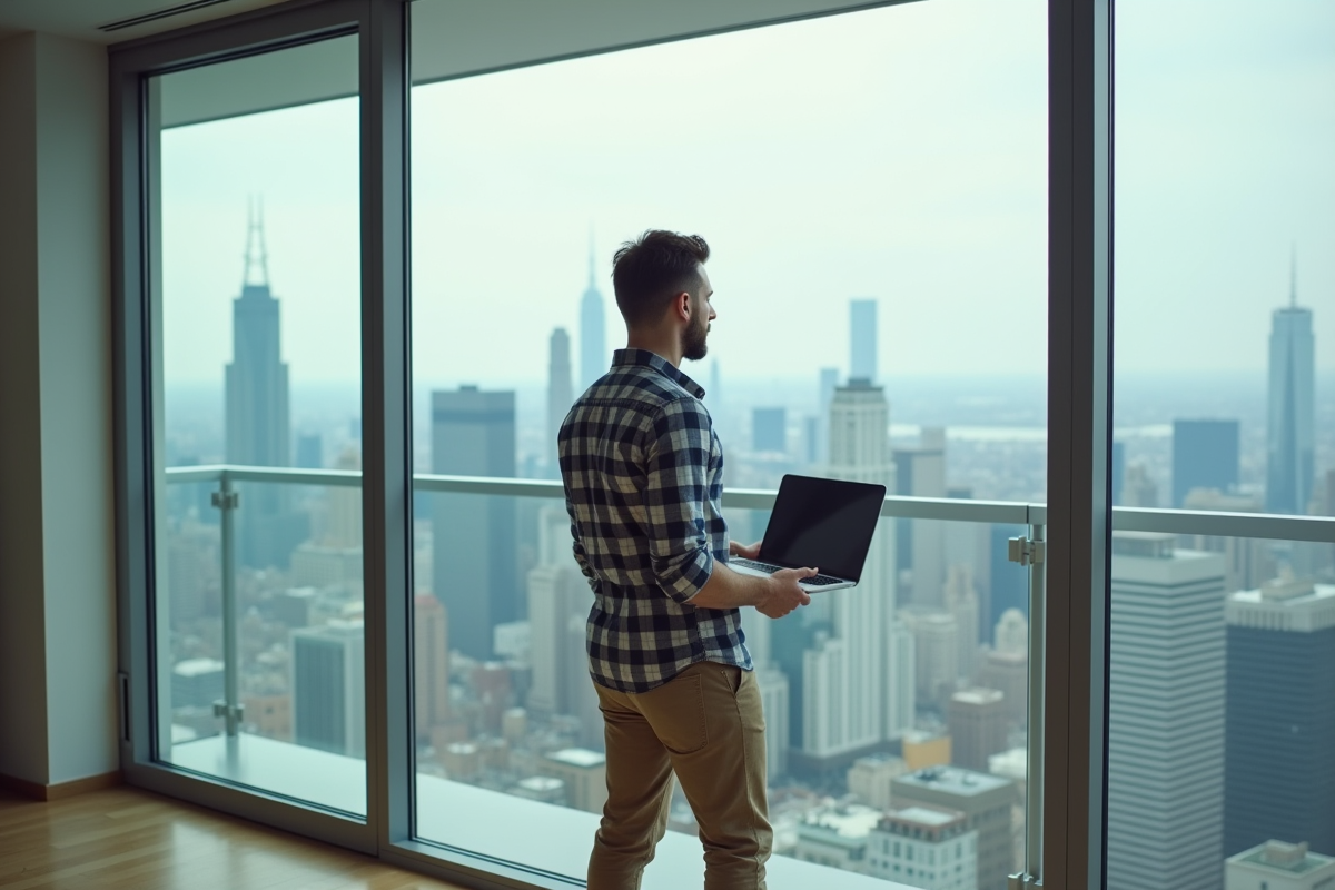 Homme regardant la ville depuis une fenêtre moderne