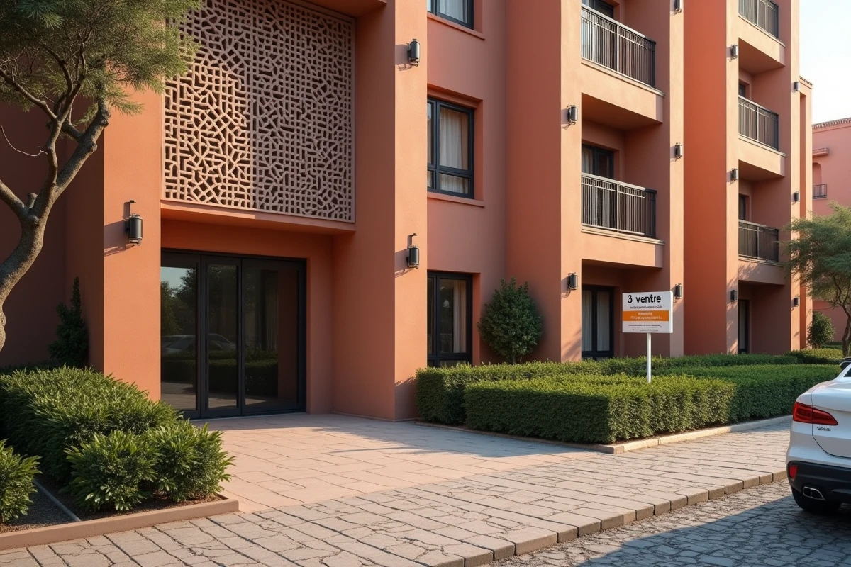 Immeuble d'appartements moderne à vendre dans le quartier Guéliz de Marrakech avec panneau immobilier affiché