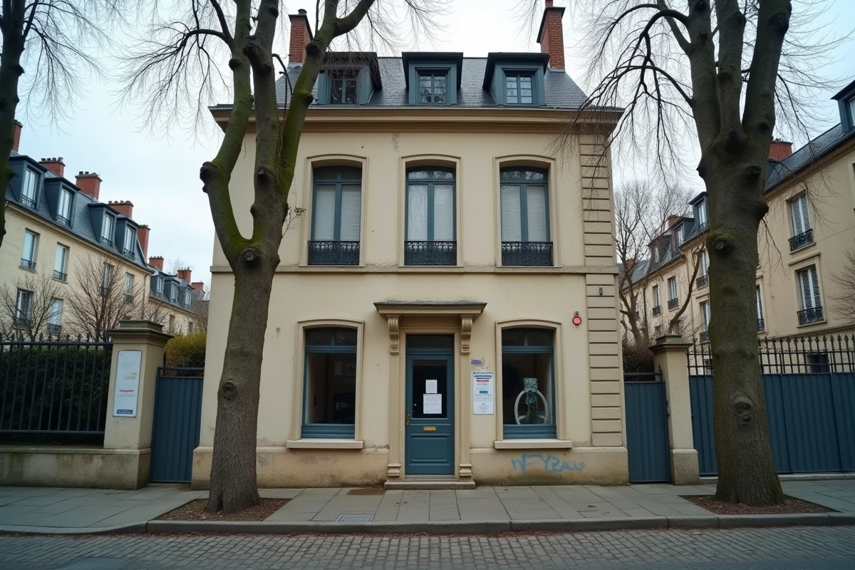 Immeuble locatif vacant dans une rue résidentielle française avec avis administratif sur la porte