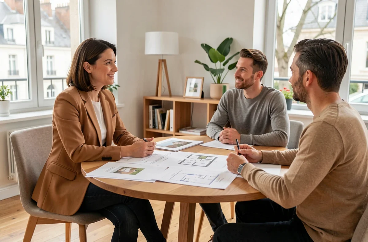 Conseillère d'Immobilier Sur Mesure ISM en réunion avec des clients copropriétaires dans un bureau contemporain