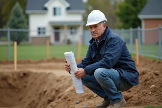 Ingénieur en chantier avec carte de terrain en main