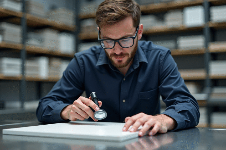 Jeune ingenieur examine un echantillon Dekton avec loupe