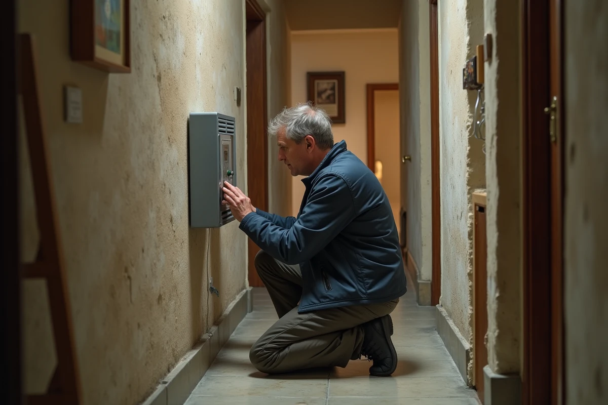 Homme inspectant un compteur électrique dans un logement ancien