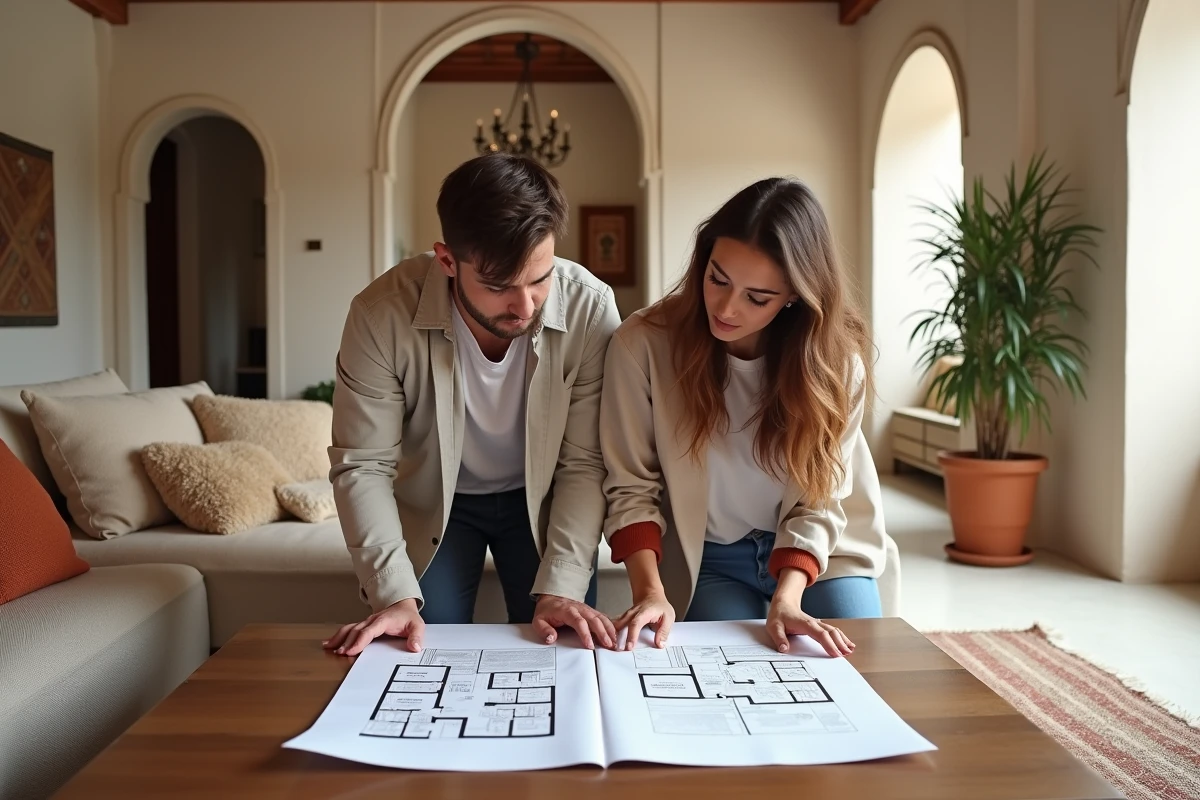 Couple examinant des plans d'un appartement à vendre dans un intérieur moderne de style marocain à Marrakech