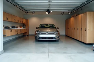 Intérieur de garage résidentiel bien organisé avec sol en béton et voiture garée, illustrant la valeur au m2 d'un garage