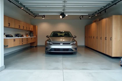 Intérieur de garage résidentiel bien organisé avec sol en béton et voiture garée, illustrant la valeur au m2 d'un garage