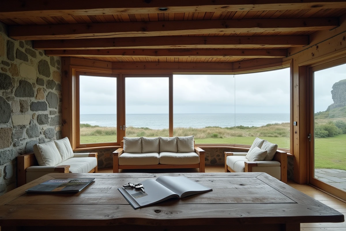 Intérieur d'une longère bretonne avec vue panoramique sur l'océan et brochure immobilière sur la table
