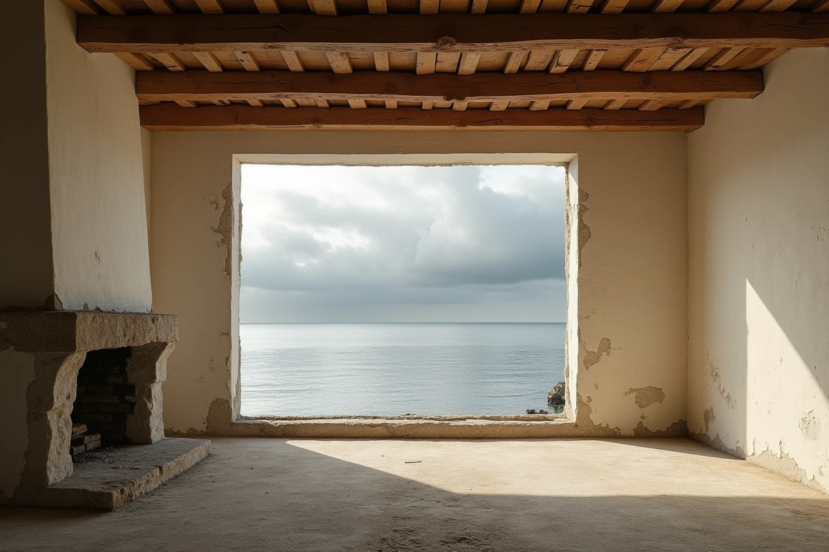 Intérieur d'une maison normande à rénover avec vue sur la mer en Normandie