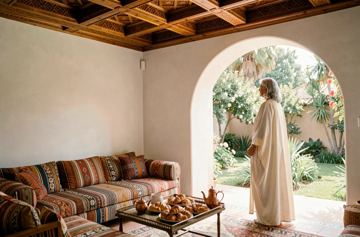 Femme retraitée contemplant le jardin depuis l'intérieur d'une villa marocaine à Marrakech, avec plafond en cèdre sculpté et décoration berbère authentique