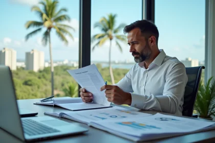 Investisseur immobilier à l'île Maurice analysant des documents juridiques complexes dans un bureau moderne avec vue sur Port Louis