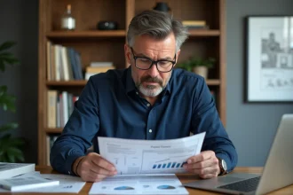 Investisseur immobilier analysant des documents de rentabilité locative dans un bureau moderne