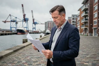 Investisseur immobilier étudiant des documents devant le port de Dunkerque