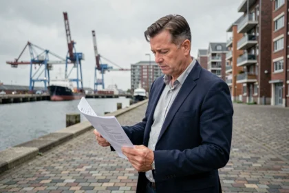 Investisseur immobilier étudiant des documents devant le port de Dunkerque