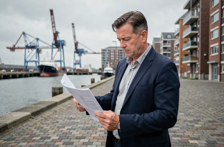 Investisseur immobilier étudiant des documents devant le port de Dunkerque