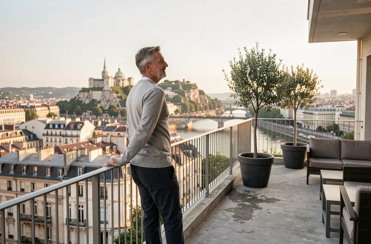Investisseur immobilier contemplant le panorama de Lyon depuis la terrasse d'un appartement locatif haut de gamme