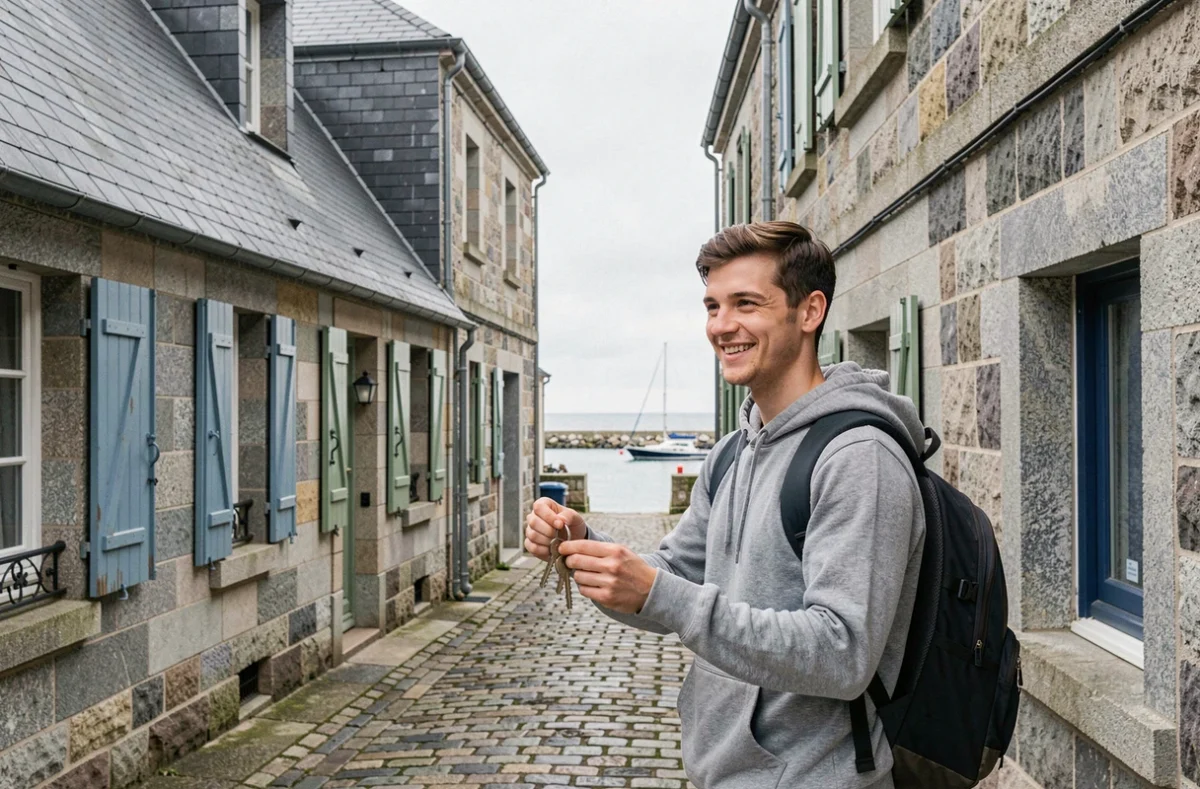 Jeune actif devant un immeuble en granit avec clés d'appartement dans une rue pavée de Concarneau