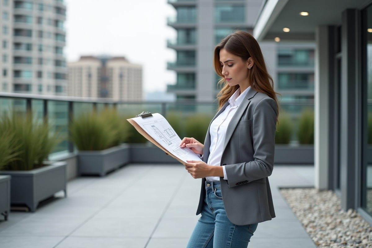 Jeune architecte étudiant des plans sur une terrasse moderne