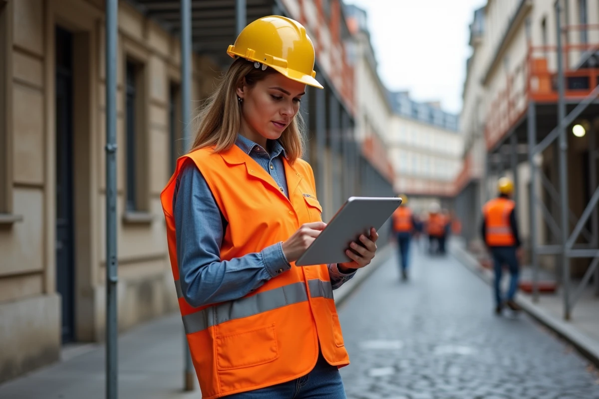 Jeune artisane utilise une tablette sur un chantier parisien