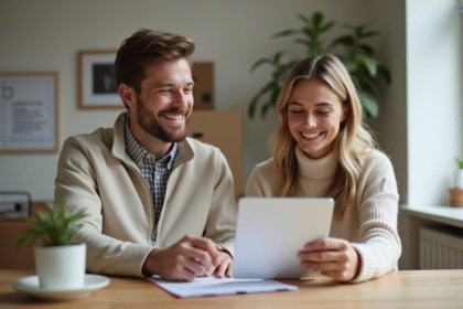 Jeune couple souriant à une table avec papiers et tablette