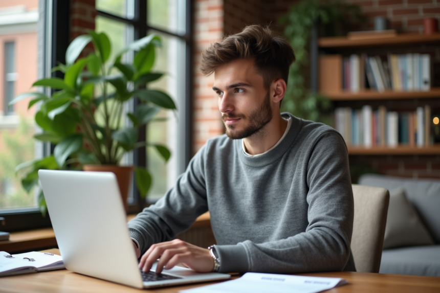 Jeune étudiant étudiant à son bureau dans un appartement moderne