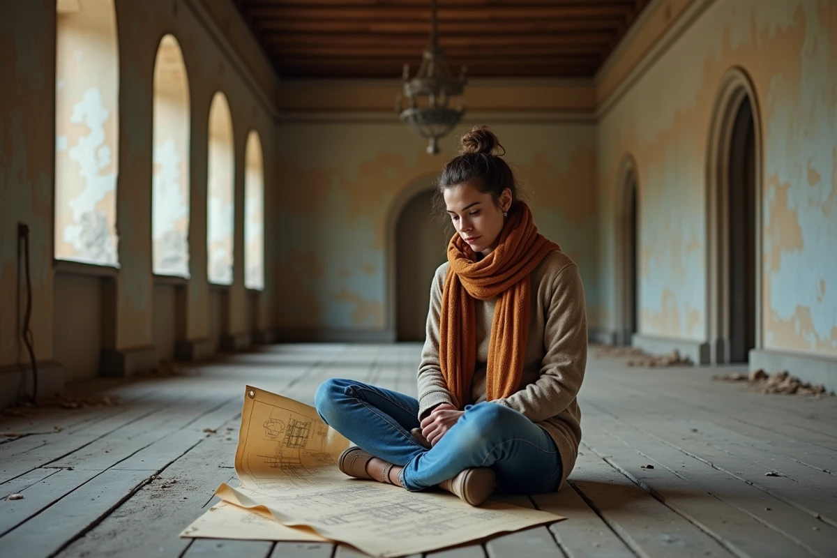 Jeune femme examinant un plan dans un château abandonné
