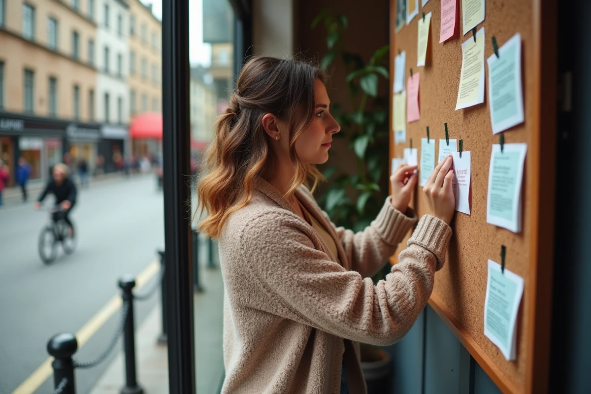 Jeune femme affichant une annonce de colocation dans un café urbain