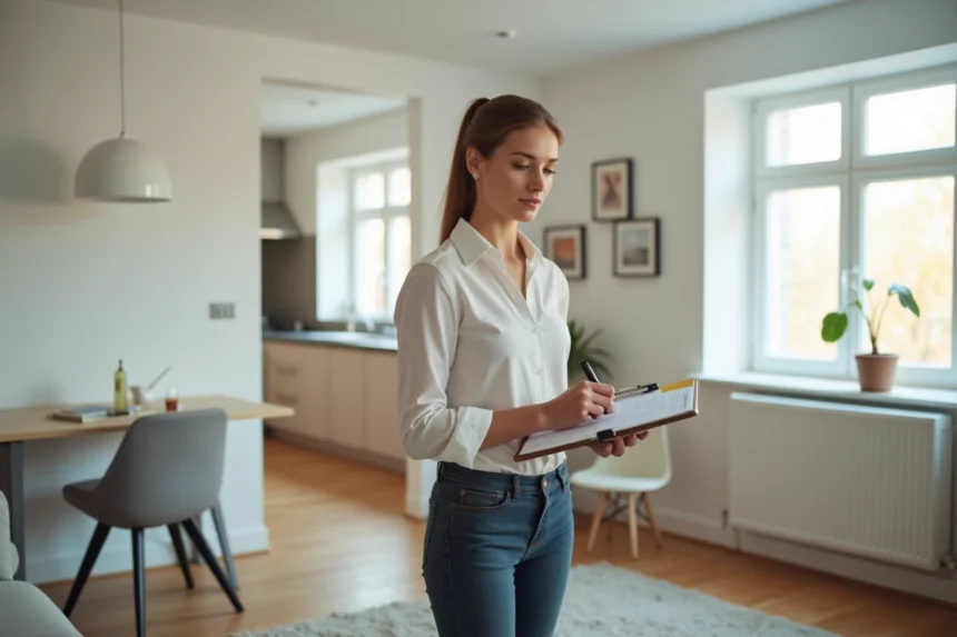 Jeune femme en tenue casual dans un appartement moderne