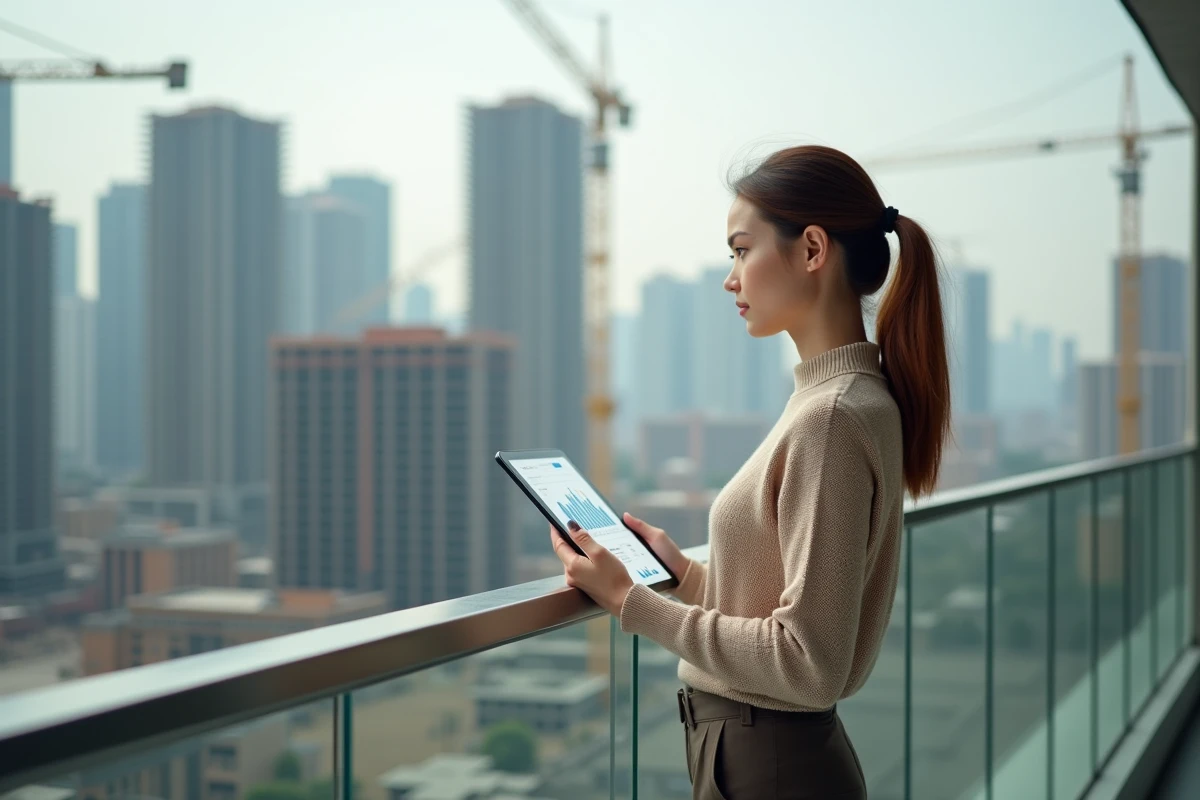 Jeune femme observant la ville en construction avec tablette