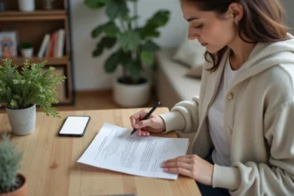 Jeune femme lisant un contrat de location dans un appartement