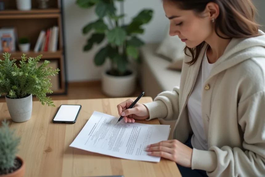 Jeune femme lisant un contrat de location dans un appartement