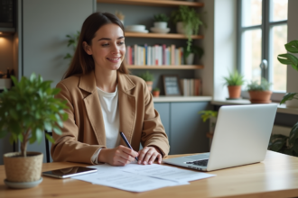 Jeune femme vérifiant un contrat de location dans un appartement lumineux
