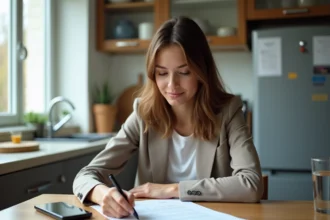 Jeune femme en cuisine examine un contrat de location