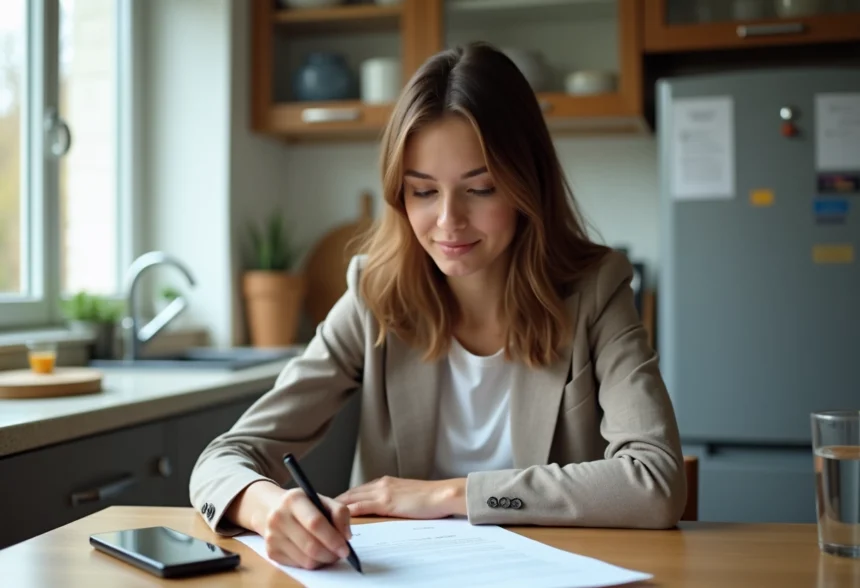 Jeune femme en cuisine examine un contrat de location