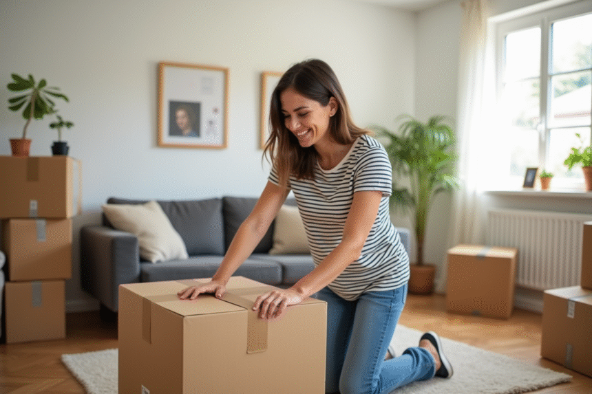Femme jeune tapant une caisse dans un salon lumineux