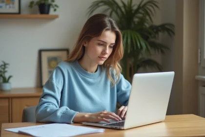 Jeune femme remplissant un dossier AL'in sur un ordinateur portable dans un appartement étudiant