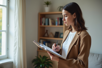 Jeune femme en intérieur examine un coin de salon