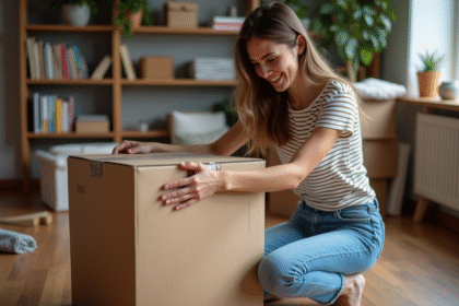 Jeune femme inspectant un carton dans son appartement