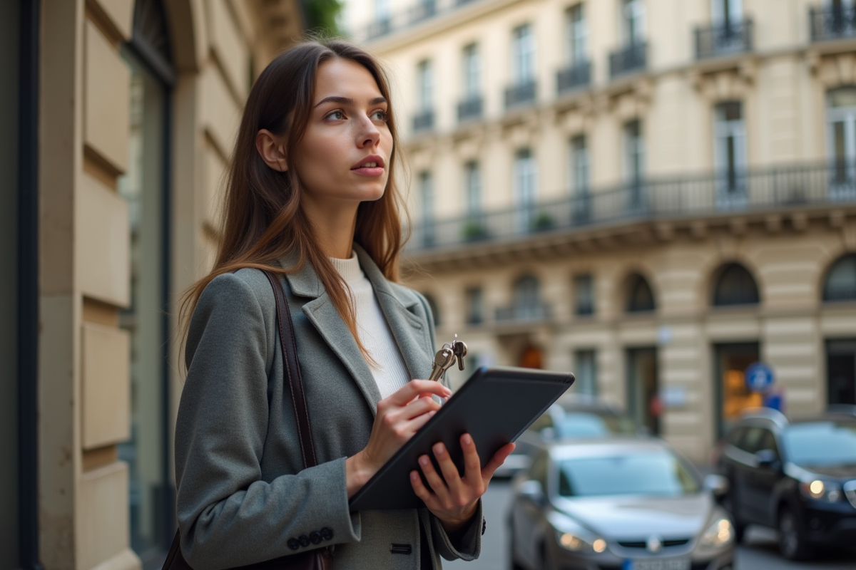 Jeune femme française avec clés et tablette devant immeuble parisien