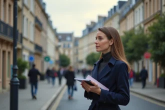 Jeune femme en trench observant le quartier de Le Havre